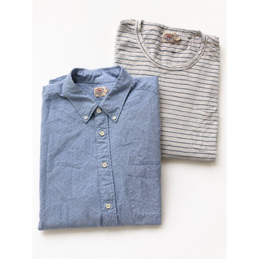 Faherty Men’s XL Coastal Essentials Shirt Bundle – Blue Dobby Button Down & Stri
